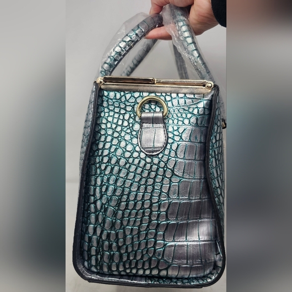 Alyssa Vegan Leather Silver Green Croc Embossed Doctors Satchel Crossbody NWT - Picture 2 of 15